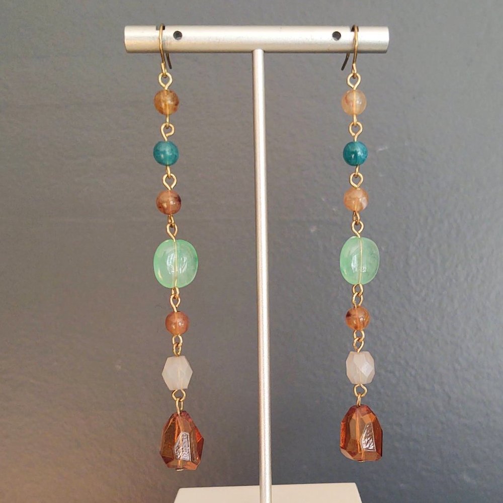 Long green, light brown, amber and smoke beaded earrings